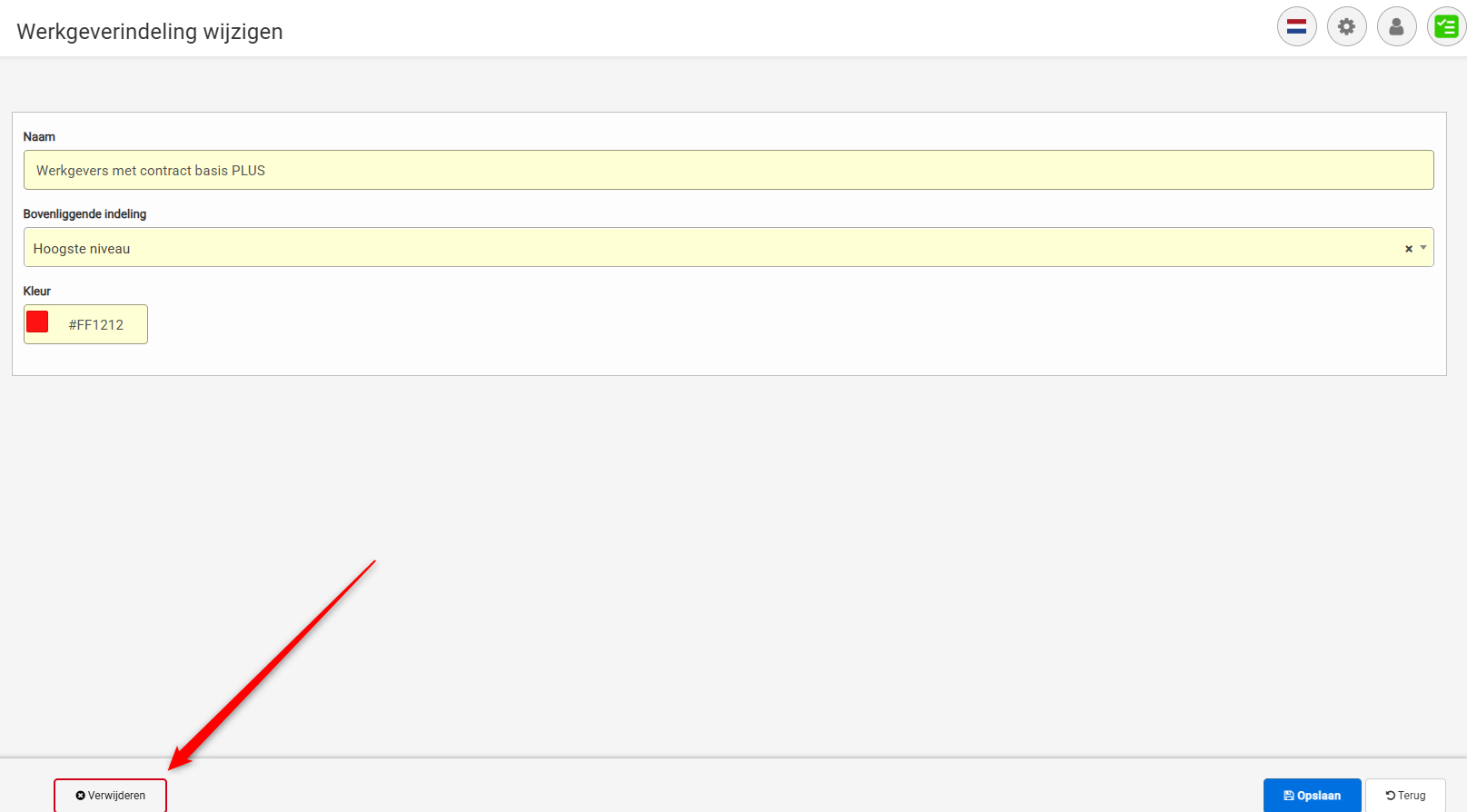 Screenshot dat de locatie van de knop verwijderen laat zien