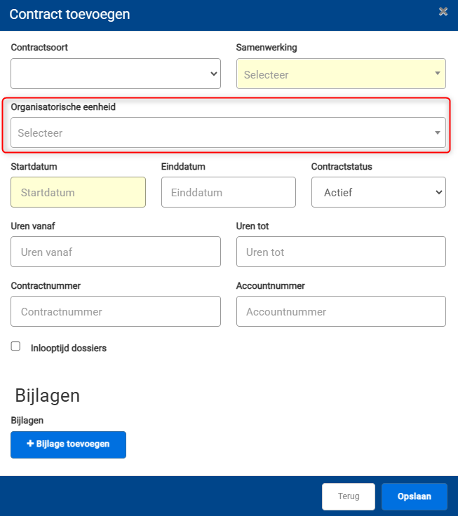 Screenshot dat de locatie van het veld Organisatorische eenheid toont