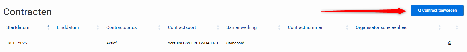 Screenshot dat de locatie van de knop Contract toevoegen toont